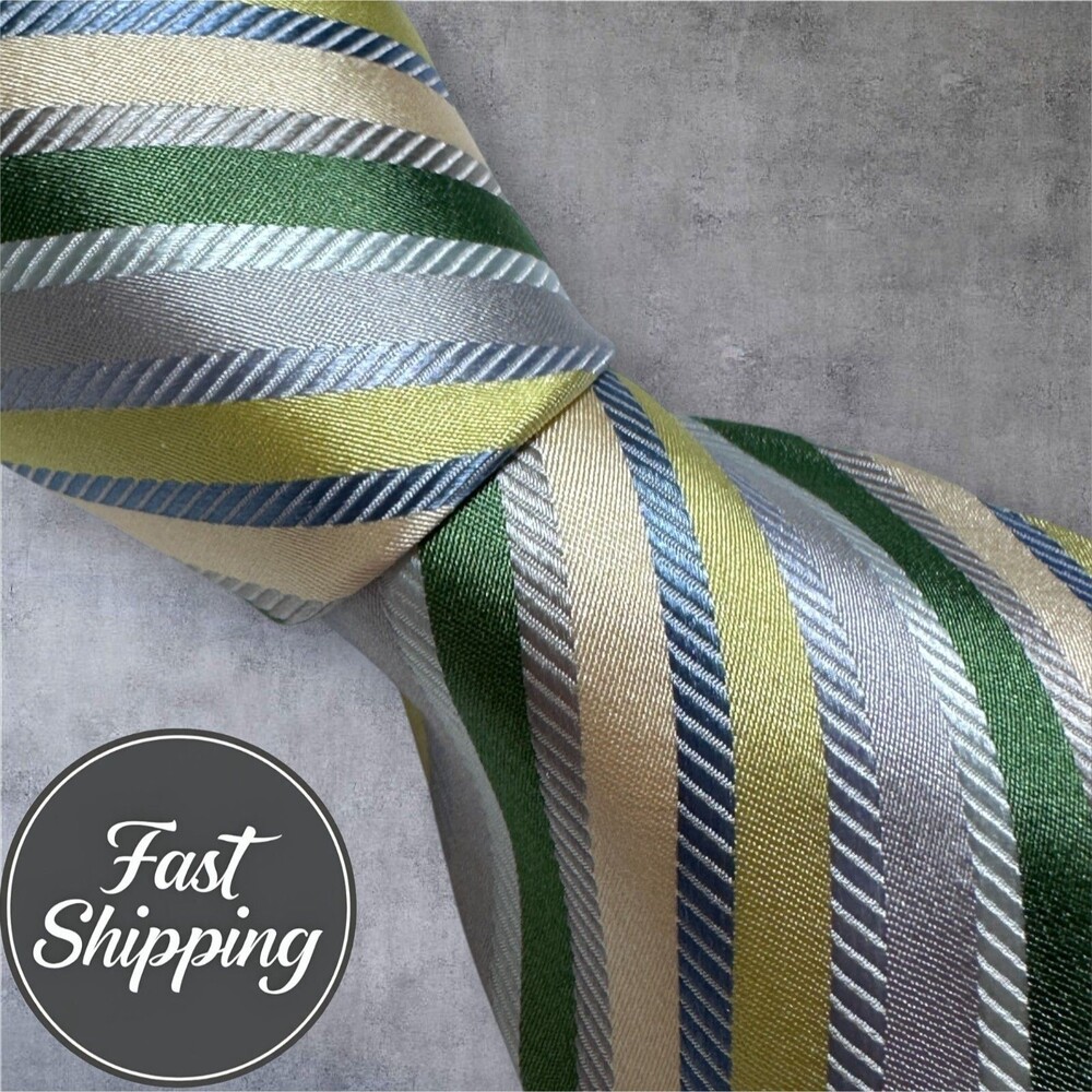 BANANA REPUBLIC Tie Striped 100% Silk Necktie Blue/Green/Yellow/Silver
